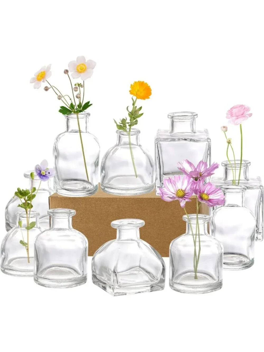 Set of 10 Clear Glass Bud Vases - Mini Rustic Floral Decor for Home Centerpieces
